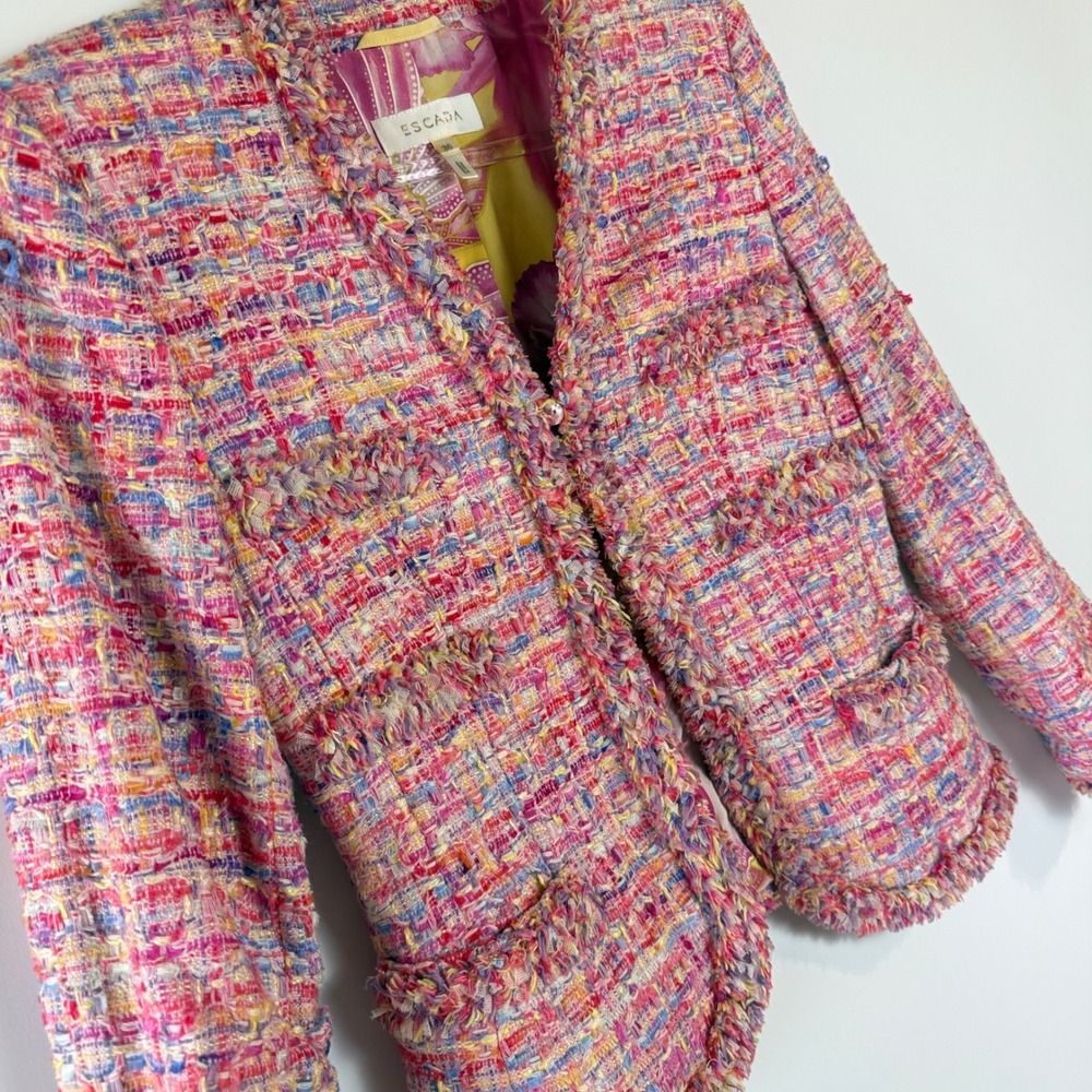 Escada Tweed Blazer Womens 36 Multi Pink Fringed Wool Silk Lined Jacket - Picture 3 of 16